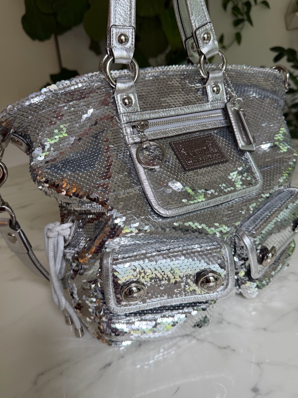 Coach Limited Edition Poppy Sequin Spotlight Tote Shoulder Bag 13821 Silver Y2K - Picture 2 of 16